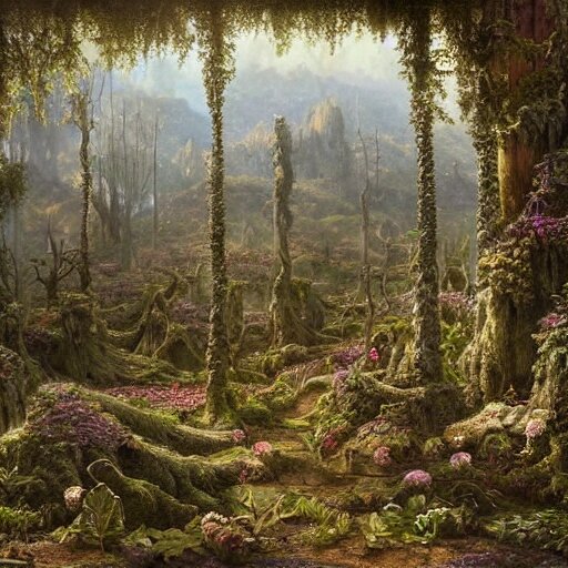 a beautiful and highly detailed matte painting of a dead fantasy floral garden in a empty forest in the dry valley high in the most epic mountains ever, intricate details, epic scale, insanely complex, 8 k, sharp focus, hyperrealism, very realistic, by caspar friedrich, greg rutowski, james gurney 