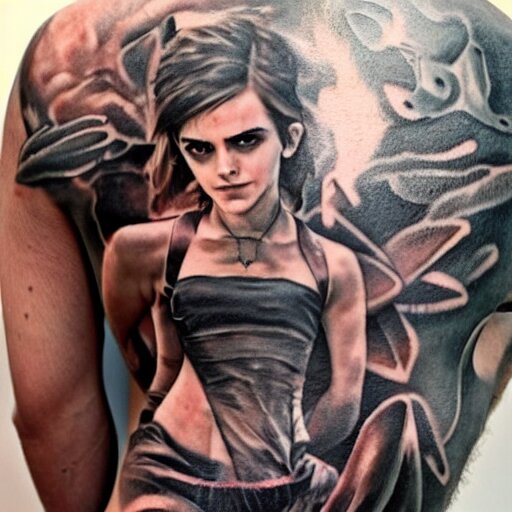 man with tattoo of emma watson on arm back by greg rutkowski