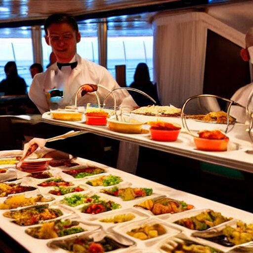 satan filling plates of food from the buffet on a cruise liner 