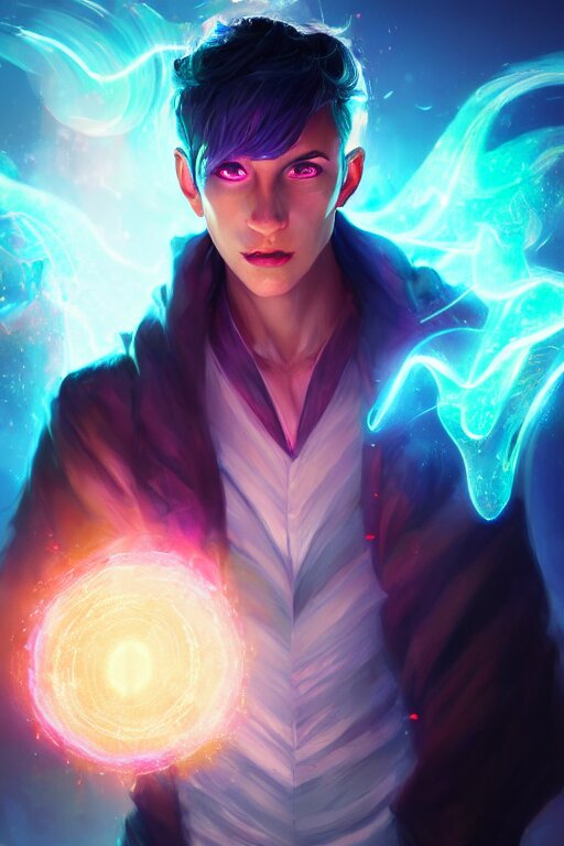 a human elemental sorcerer, blurred environment background, colorful magic effects, white skin, portrait, male, clothed, sharp focus, digital art, concept art, trending on artstation, dynamic lighting, by emylie boivin and rossdraws 