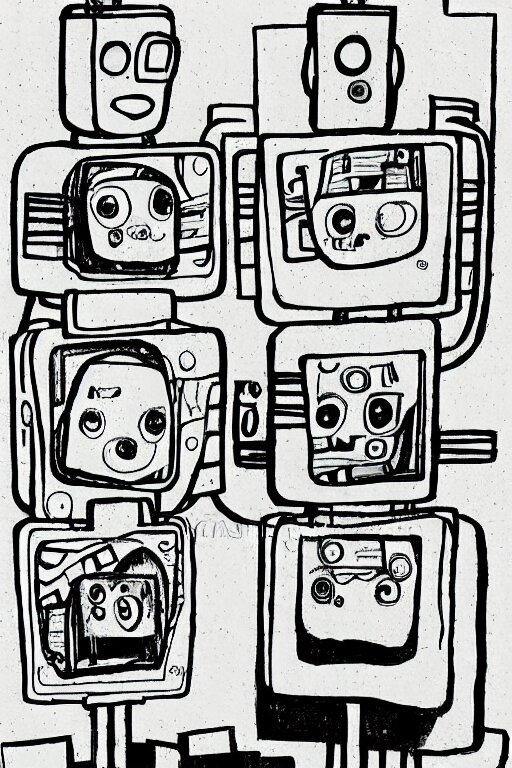 children's book illustration of robots watching tv by margret rey 