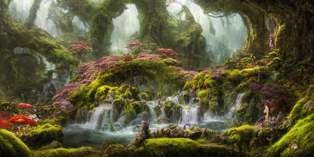 fairyland scenery landscape, lord of the rings, waterfalls, monoliths, flowers, mushroom structures, moss highly detailed, vivid color, perfect lighting, perfect composition, 8 k, brian froud, artgerm, derek zabrocki, greg rutkowski 