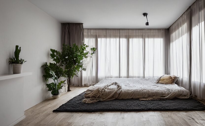 saudi arabian apartment bedroom interior, minimalism, bed, cupboards, modernism, persian design, compact, beige, black, wood, rust, little windows, brass, plants, retro futurism, swedish design 