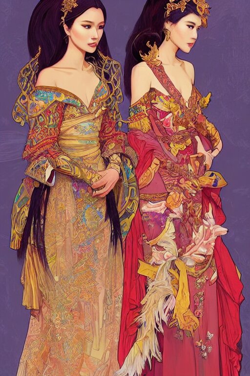 portrait of a beautiful indonesian supermodels wearing traditional costume, highly detailed, digital painting, artstation, concept art, sharp focus, illustration, art by kittichai rueangchaichan and james gurney and alphonse mucha 