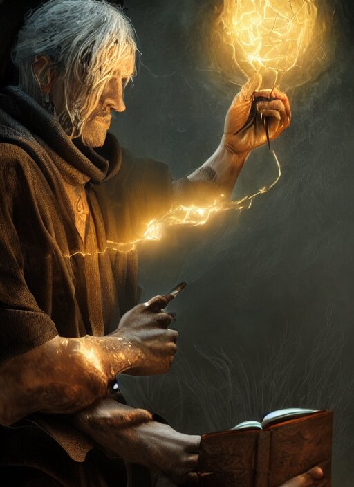 black magic sorcerer with a book of spells, dramatic, death, cinematic, ultra realistic, 8 k, highly detailed, trending on artstation 