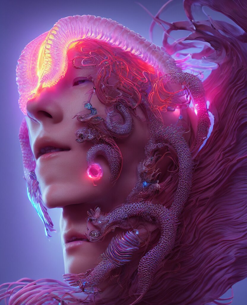 goddess close-up face portrait. chimera orchid jellyfish phoenix head, nautilus, skull, betta fish, bioluminiscent creatures, intricate artwork by Tooth Wu and wlop and beeple. octane render, trending on artstation, greg rutkowski very coherent symmetrical artwork. cinematic, hyper realism, high detail, octane render, 8k