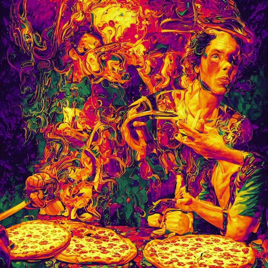 bright psychedelic portrait of_nick_cave_baking_a_pizza, diffuse lighting, fantasy, intricate, elegant, highly detailed, lifelike, photorealistic, digital painting, artstation, illustration, concept art, smooth, sharp focus, art by John Collier and Albert Aublet and Krenz Cushart and Artem Demura and Alphonse Mucha