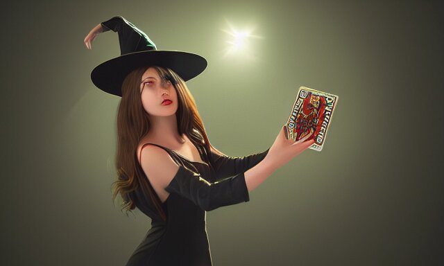 witch doing a card trick, cardistry, cards, fantasy, digital art, soft lighting, wide shot, 8 k 