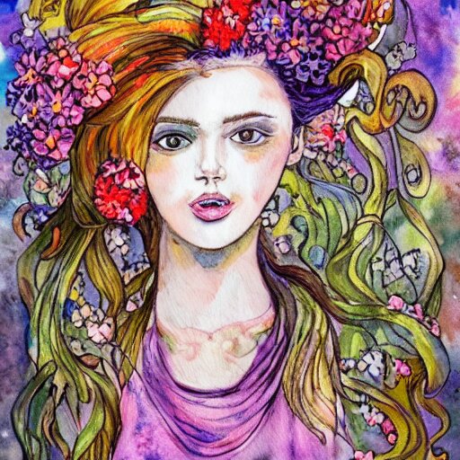 a painting of a woman with flowers in her hair, a watercolor painting by alice mason, deviantart, psychedelic art, deviantart, detailed painting, watercolor 