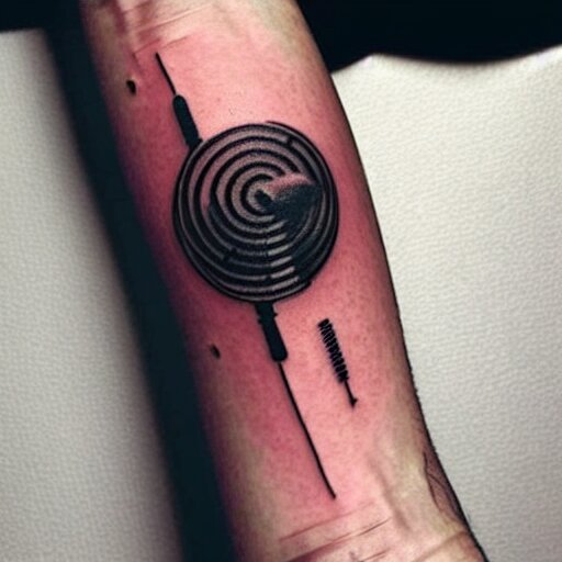 tattoo of a sp - 4 0 4 audio mixer along forearm 