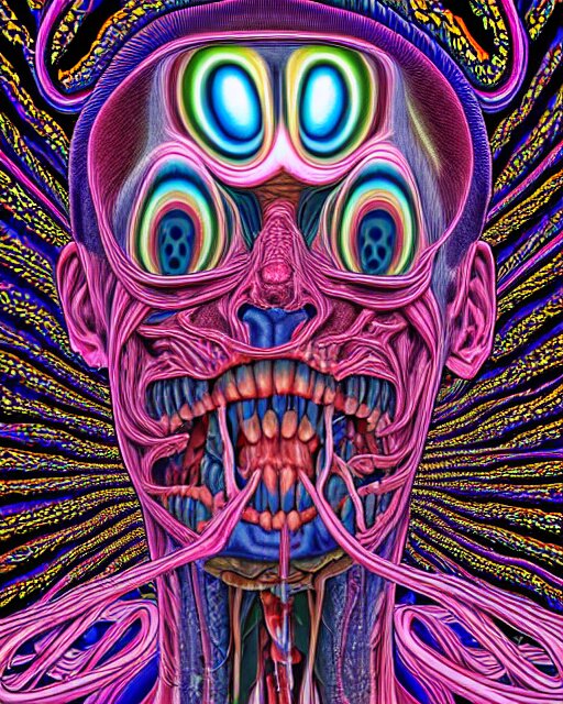 Human Body breaking away, Conjuring Psychedelic Illustration, part by Shintaro Kago, part by Alex Gray, ultra realistic, highly detailed, 8k, symmetry, fractals, grotesque, vibrant,