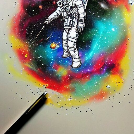 beautiful astronaut floating in orbit around a colorful exploding nebula, intricate ink drawing by kim jung gi 