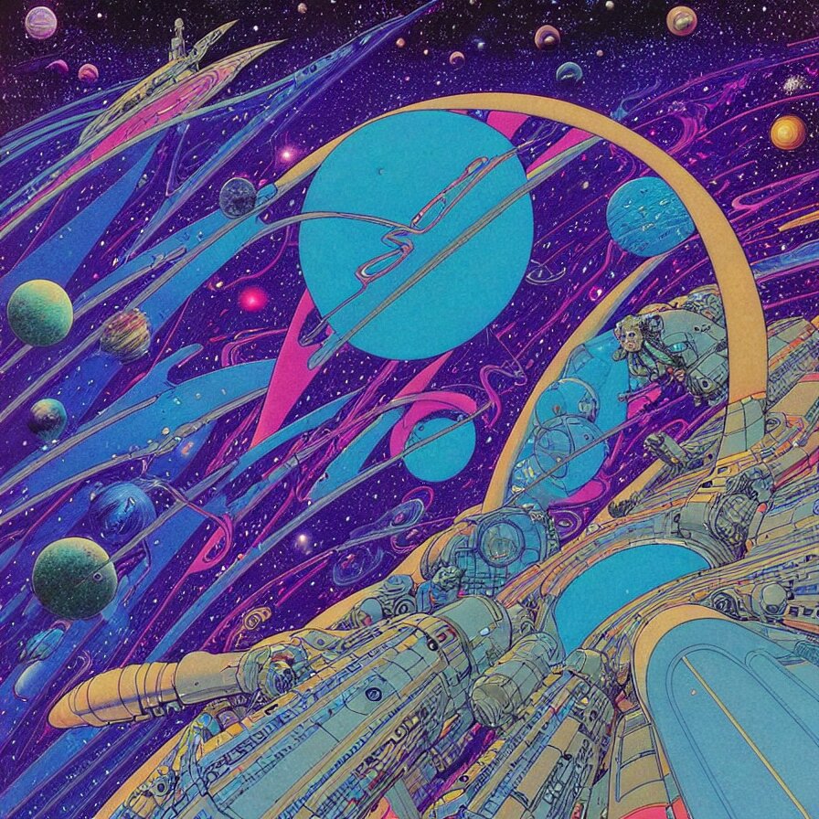 ( ( ( ( the dimensional gap at the end of the galaxy and space ship ) ) ) ) by mœbius!!!!!!!!!!!!!!!!!!!!!!!!!!!, overdetailed art, colorful, artistic record jacket design 