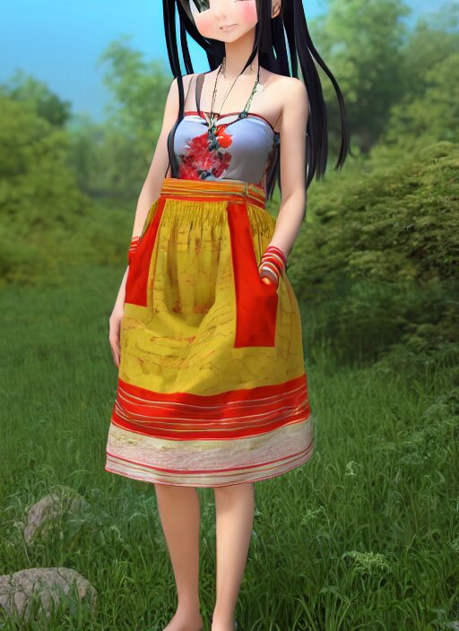 beautiful anime girl wearing summer assamese mekehela bihu style floral gamosa dress ; flirtatious, boho - chic, sleeveless, elegant, short skirt length, slimmer demeanor, plethora of colors ; mini dress, highly detailed cute face by wlop ; octane render, unreal engine 5, symmetrical, high coherence, hdr fabric textures 