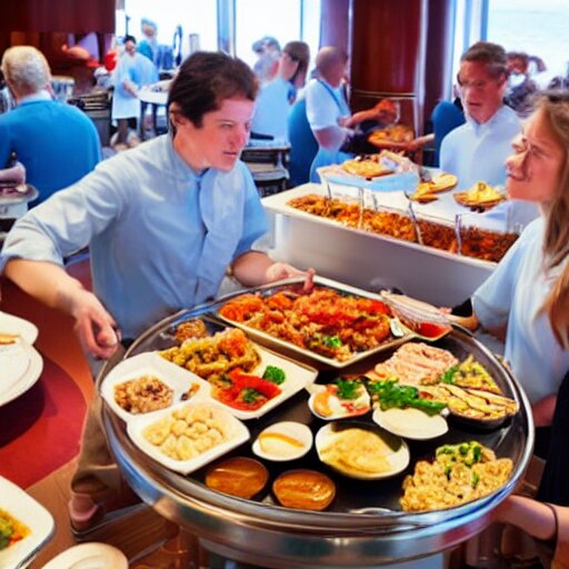 satan filling plates of food from the buffet on a cruise liner 