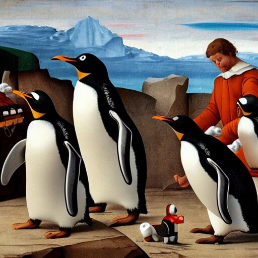 penguins playing with legos, renaissance painting 