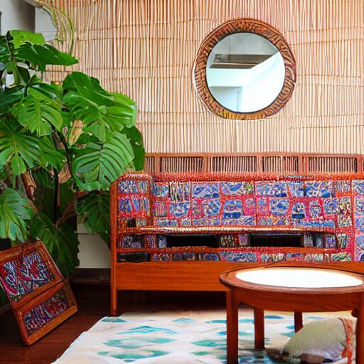 living room interior design with assamese traditional gamosa textured furniture, mekhela sador motif design pattern walls and floor, teak table, japandi, ikea, sunny, warm wood, urban jungle plants, small kitchen table, indian antique chairs, round mirror on the wall, light - brown wall, mid - century sofa indian architecture 