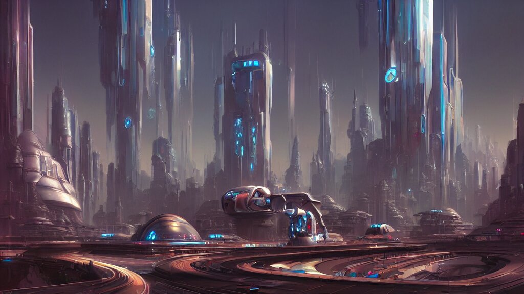 view along the retro robot city at the other end of the universe, sharp digital painting. retrofuturism. hyperrealistic. concept art. artstation. jim burns. brian sum 