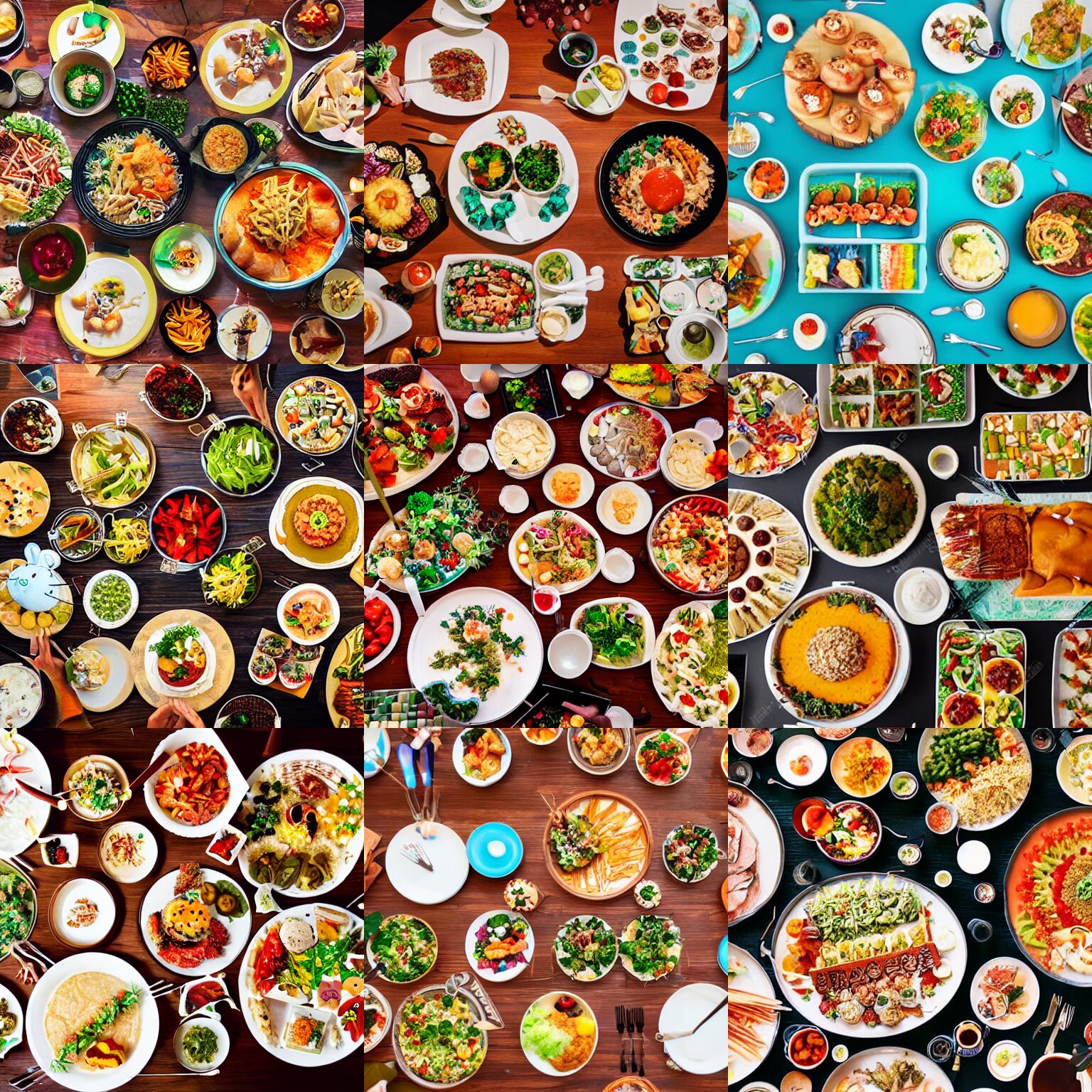 aerial view of a buffet table full of food, studio ghibli style