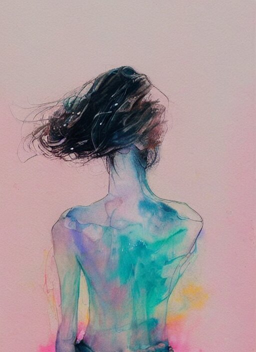 gorgeous woman in short by agnes cecile, view from back, bent - over posture, half body portrait, extremely luminous bright design, pastel colours, ink drips, autumn lights 