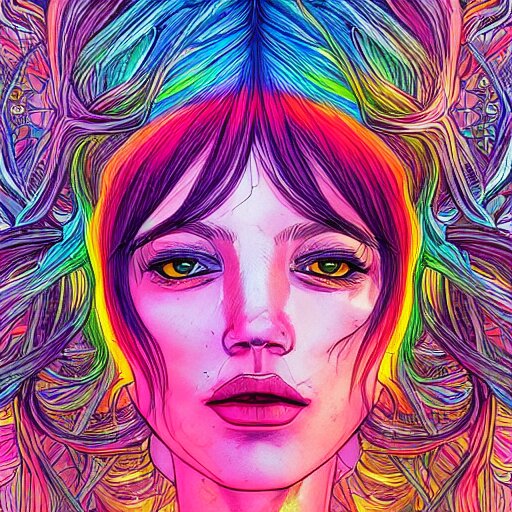 the head of a beautiful rainbow woman, an ultrafine detailed illustration by james jean, final fantasy, intricate linework, bright colors, behance contest winner, vanitas, angular, altermodern, unreal engine 5 highly rendered, global illumination, radiant light, detailed and intricate environment 