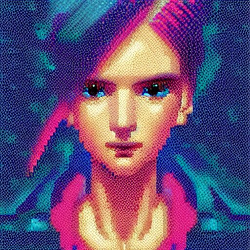 A pixel art, pointillisme potrait of a cyberpunk cyborg girl with big and cute eyes, fine-face, realistic shaded perfect face, fine details. Very anime style. Realistic shaded lighting poster by Ilya Kuvshinov katsuhiro, magali villeneuve, artgerm, Jeremy Lipkin and Michael Garmash, Rob Rey and Kentarõ Miura style, trending on art station