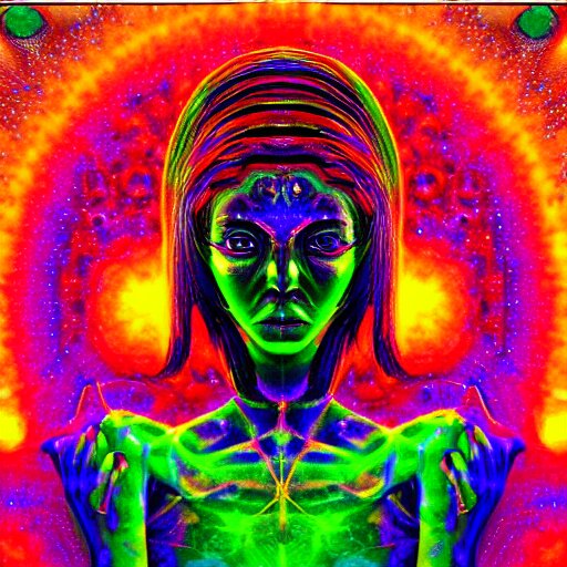 “photo of a beautiful extraterrestrial woman goddess, psychedelic, dmt, lsd, epiphany, fractals, alien forms, organic, acidic, acid, 8k”