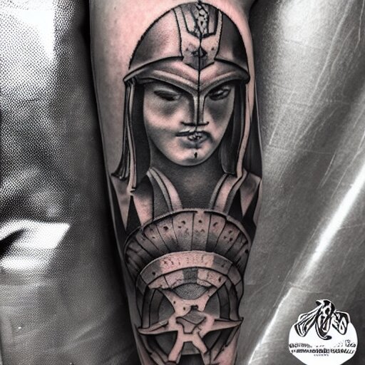 medium shot of a gladiator wearing a galea, tattoo, tattoo art, Black and grey tattoo style