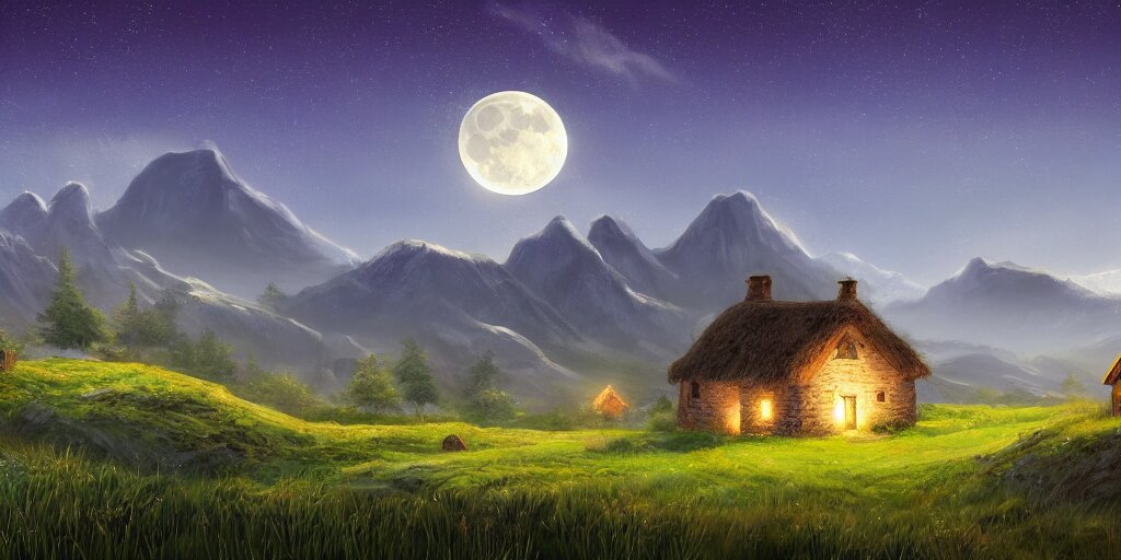 Grassy fields with large mountains in the distance, small cottage in the foreground, nighttime, moon in the night sky, landscape wallpaper, d&d art, fantasy, painted, 4k, high detail, sharp focus