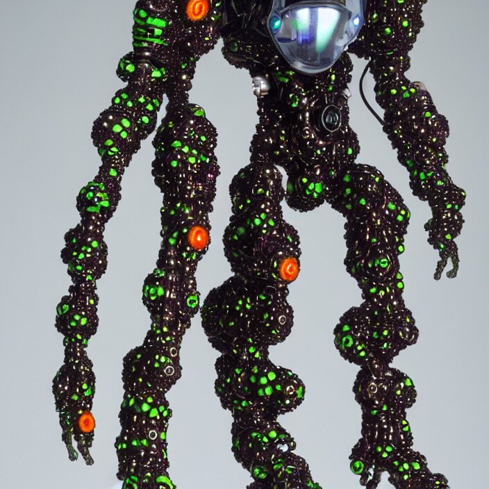 a cybernetic symbiosis of a single astronaut mech-organic eva suit made of pearlescent wearing anodized thread knitted shiny ceramic multi colored yarn thread infected with kevlar,ferrofluid drips,carbon fiber,ceramic cracks,gaseous blob materials and diamond 3d fractal lace iridescent bubble 3d skin dotted covered with orb stalks of insectoid compound eye camera lenses orbs floats through the living room, film still from the movie directed by Denis Villeneuve with art direction by Salvador Dalí, wide lens,