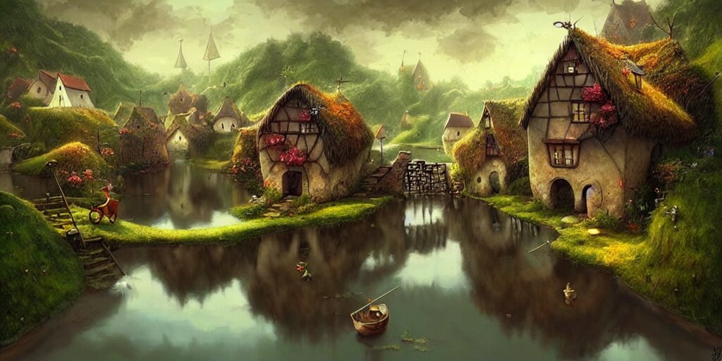  amazing detailed village with a river, water, reflection, stone bridge, art by Yohann Schepacz, art by Gediminas Pranckevicius, art by Esao Andrews