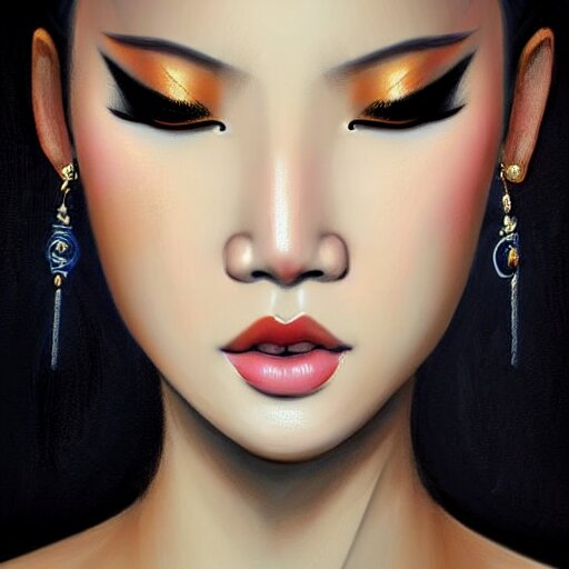 digital painting of a close up face portrait of an elegant, beautiful, sophisticated, fashionable, slender, rich, sleek, young vietnamese punk singer, imagining the rings of saturn. intricate eye detail focus, baroque, batik, by artgerm, range murata, jeremy lipking, trending on pinterest, artstation hq, vivid 8 k sharp depth of field, pristine global illumination, smooth 3 d, wallpaper quality. 