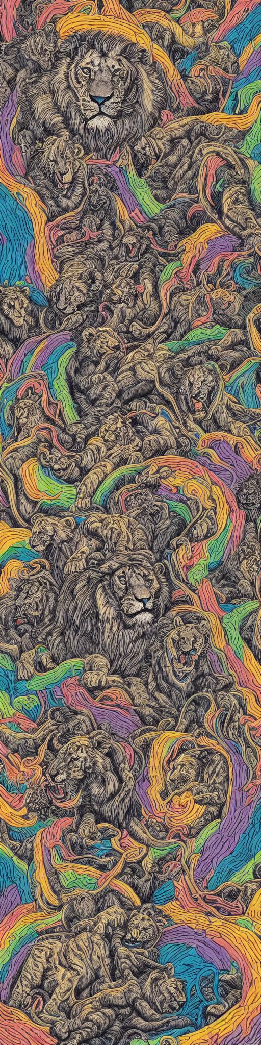 lions and tiger and bears dissolving into melted liquid braids, cubensis, aztec, basil wolverton, r crumb, hr giger, mc escher, dali, muted but vibrant colors, rainbow tubing, 