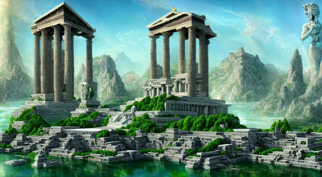 
a matte painting futurist of a green water city of Atlantis grec greeble temple olymp glory in sun shaft zeus sky tower statue pantheon ivy plant grow flower in white marble gold incrusted of legends adn red flag dynasty by Frank Lloyd Wright and Zaha Hadid torch volume light stylized illustration  digital airbrush painting, 3d rim light, hyperrealistic masterpiece, artstation, cgsociety, kodakchrome, golden ratio waterfall


