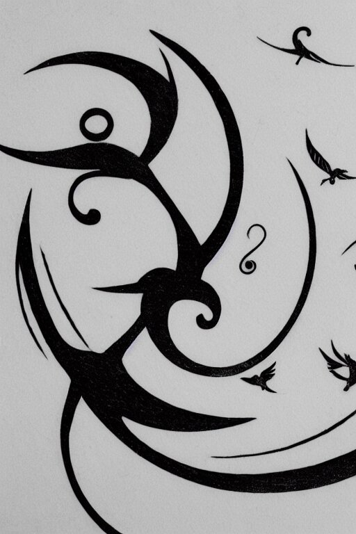 a simple tattoo design of birds flying in a 3 spiral, black ink, logo 