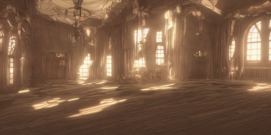 kingdom hearts twilight town mansion interior, nostalgic abandoned, sunlight streaming through the windows 