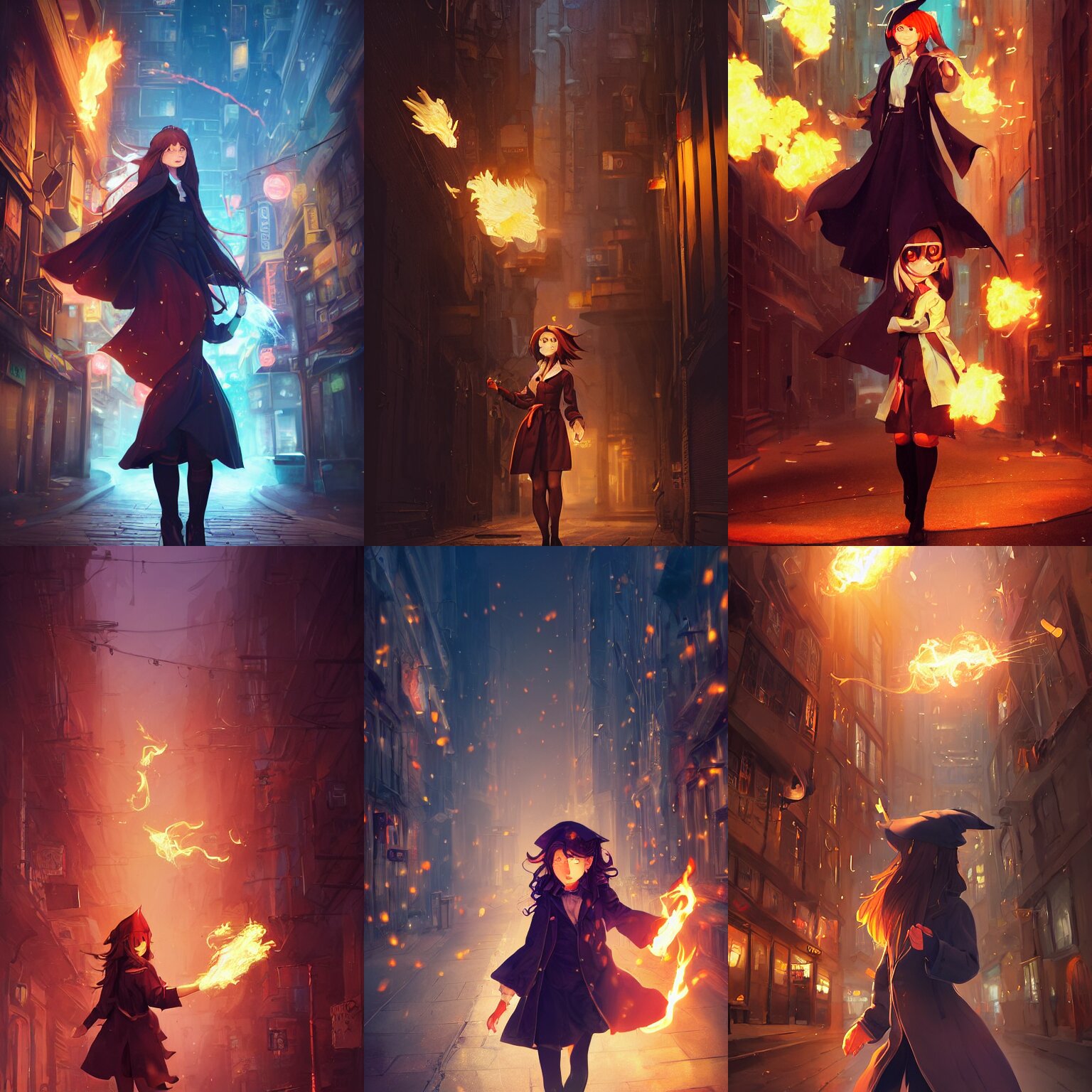 a portrait of a cute female wizard wearing a flowing very stylish trenchcoat,juggling fireballs, fireball lighting her face, embers flying, urban fantasy setting, narrow street, vivid colors, warm lighting, atmospheric, cinematic, moody, in the style of Ilya Kuvshinov and Range Murata, Krenz Cushart, rule of thirds, oil on canvas, 8k