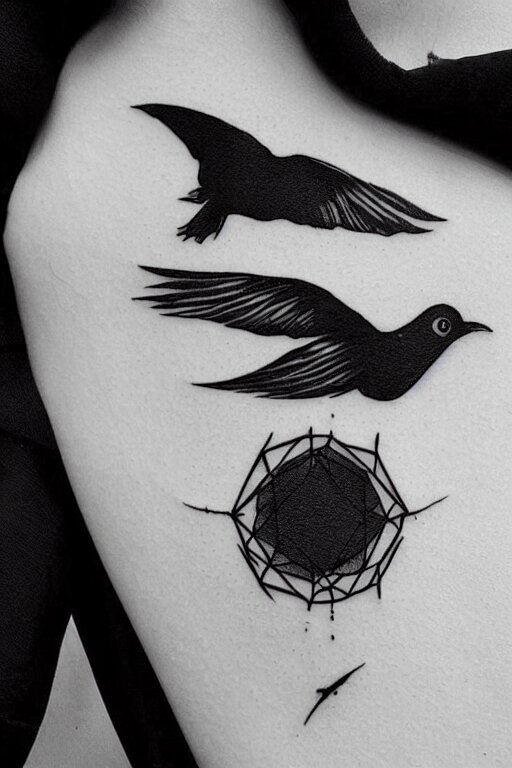 a simple artistic tattoo design of minimalist flying birds, black ink, abstract geometric logo 