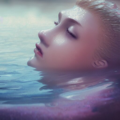 pale face lying under the water, water lilys, cinematic, shallow depth of field, atmospheric, ultra high detail, somber colors, close up of face, trending on artstation 