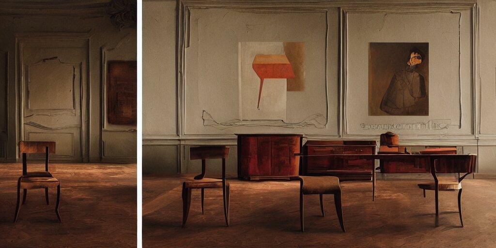 furniture designs in the style of modigliani, design sheet, Les Edwards, Zdzislaw Beksinski, Carl Gustav Carus, John Harris, Michal Karcz, Zhang Kechun, Mikko Lagerstedt, Scott Listfield, Steven Outram, Jessica Rossier.