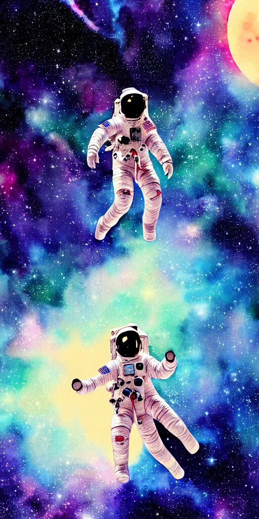 oriental water color of a female astronaut, floating through the void of space, stars are spread out, anime movie, highly detailed 