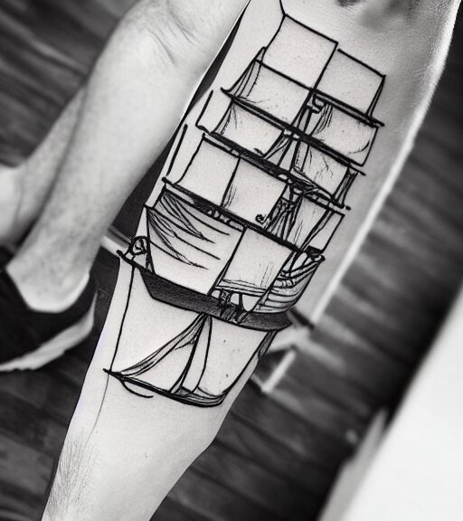 A realistic tattoo design sketch of a pirate ship, white background, black and white, highly detailed tattoo, shaded tattoo