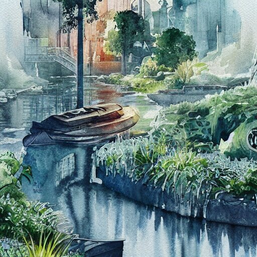 Beautiful happy picturesque charming sci-fi town in harmony with nature. Beautiful light. Water and plants. Nice colour scheme, soft warm colour. Beautiful detailed artistic watercolor by Vincent. (2060)