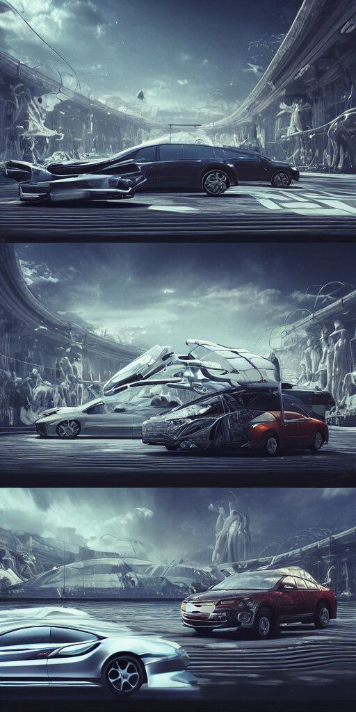 sci-fi 3d organic car and wall structure car, in the coronation of napoleon painting, and digital billboard in the middle. octane render pinterest, keyshot product render, water reflections gloss shiny in luquid