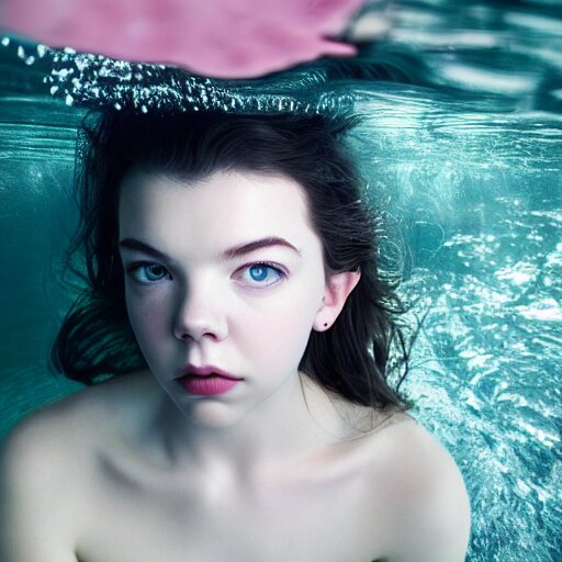 a beautiful girl like anya taylor - joy floating under the deep water, white petal, by personal photography, art by brookskim, closeup, 4 k, highly detailed, instagram, 