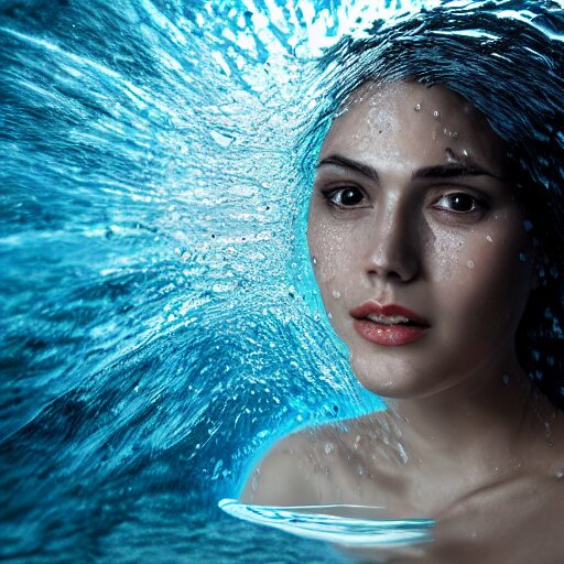 water artwork manipulation in the shape of a beautiful female head, on the ocean water, ray tracing, realistic water sharp focus, long shot, 8 k resolution, cinematic, realistic water art 