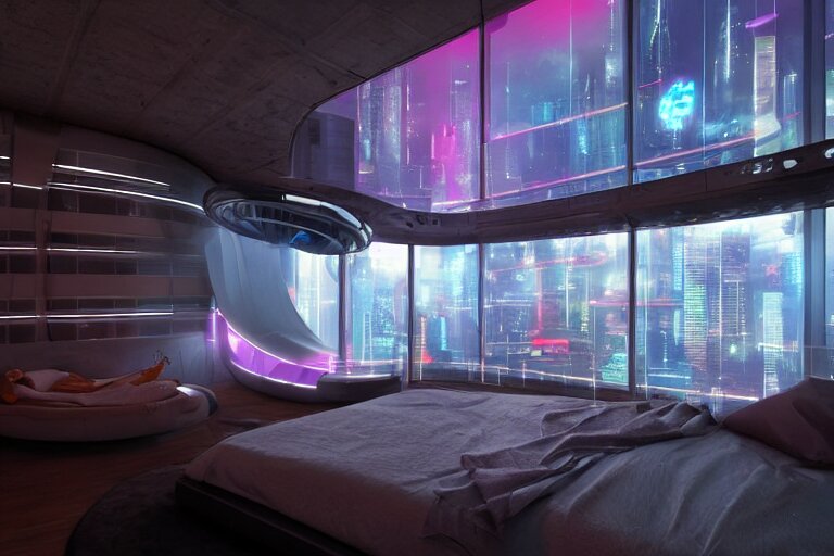 a futuristic bedroom with large curved ceiling high windows looking out to a far future cyberpunk cityscape, cyberpunk neon lights, raining, scifi