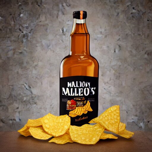 bag of chips with malort bottle design, jeppson's malort, malort bottle, hd render, realistic 