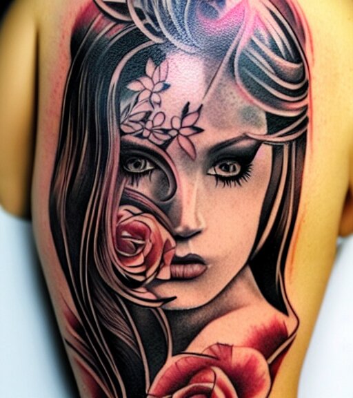 tattoo design on white background of a beautiful girl warrior, roses, hyper realistic, realism tattoo, by eliot kohek 