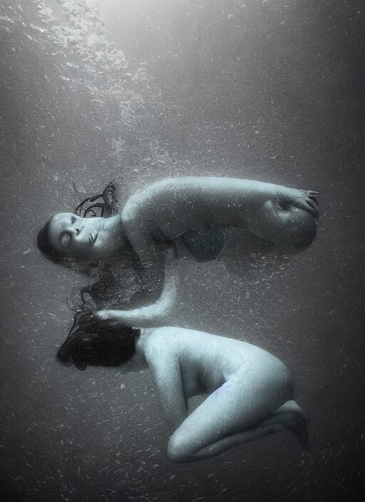 a photo of a a vast underwater with a woman in the center curled and hugging her knees. Cinematic post-processing. Award winning portrait photography. Sharp eyes.